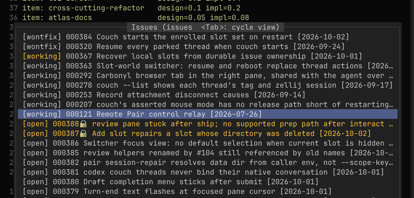 The issue tracker in Neovim, listing open and in-progress issues