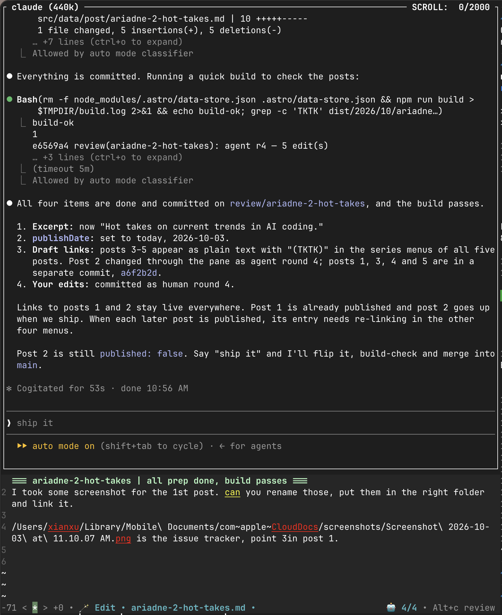 pair: Claude Code on top, with the nvim input pane below it